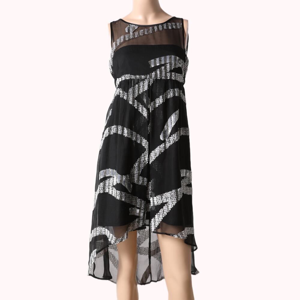MARC JACOBS Black Silver Metallic Jacquard High-Low Silk Midi Dress